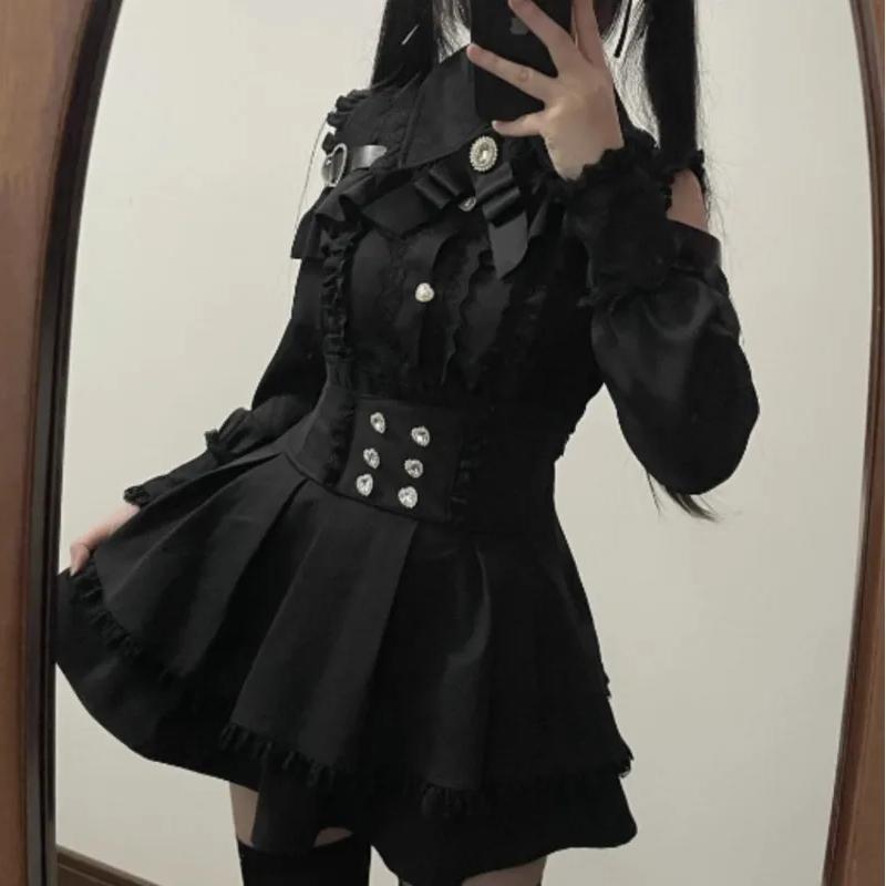 Jirai kei Outfit Lolita Mädchen Bluse Damen Langarmhemd Kawii Schleife Schwarz Röcke Hemden Y2K Süßer Japanischer Damenstil Set L schwarz von Joom DACH