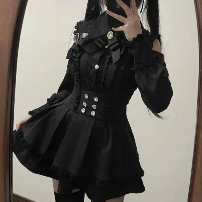 Jirai kei Outfit Lolita Mädchen Bluse Damen Langarmhemd Kawii Schleife Schwarz Röcke Hemden Y2K Süßer Japanischer Damenstil Set L schwarz von Joom DACH