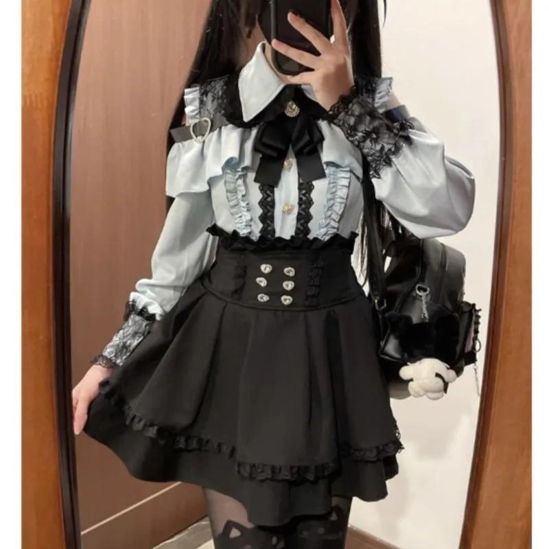 Jirai kei Outfit Lolita Mädchen Bluse Damen Langarmhemd Kawii Schleife Schwarz Röcke Hemden Y2K Süßer Japanischer Damenstil Set M blau von Joom DACH