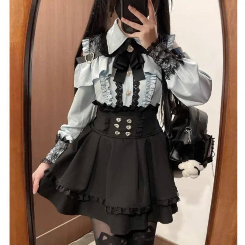 Jirai kei Outfit Lolita Mädchen Bluse Damen Langarmhemd Kawii Schleife Schwarz Röcke Hemden Y2K Süßer Japanischer Damenstil Set M blau von Joom DACH