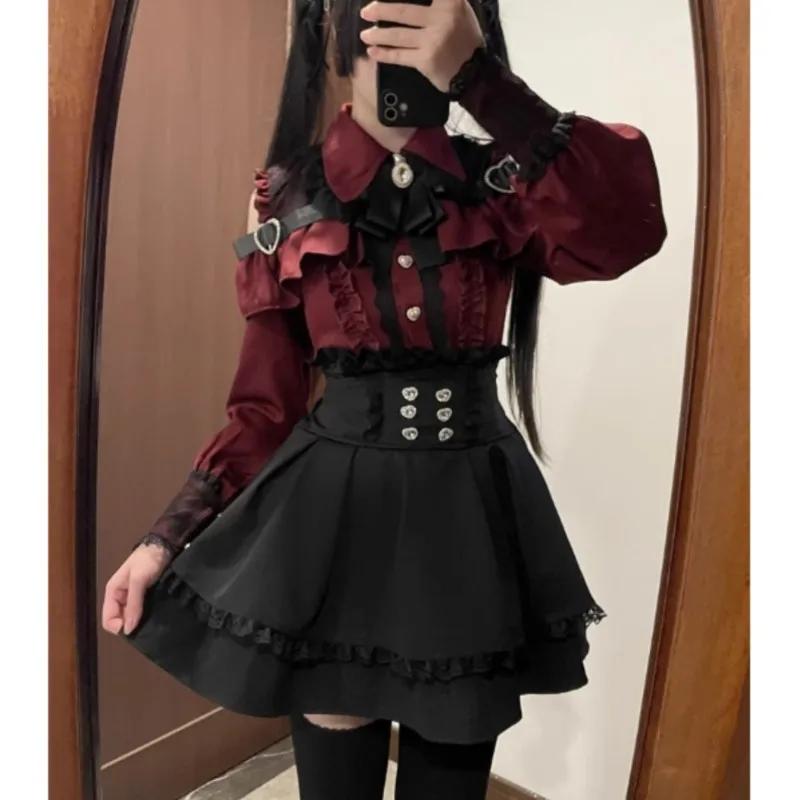 Jirai kei Outfit Lolita Mädchen Bluse Damen Langarmhemd Kawii Schleife Schwarz Röcke Hemden Y2K Süßer Japanischer Damenstil Set XL rot von Joom DACH