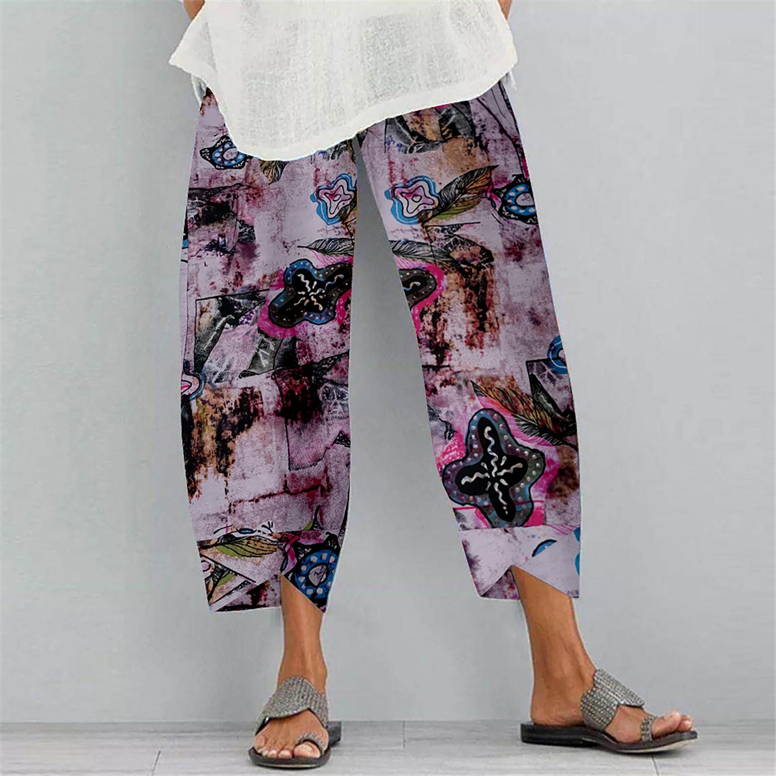 Jogginghose für Damen, Boho-Print, Baumwoll-Leinen-Hose, Tasche, Freizeithose L violett von Joom DACH