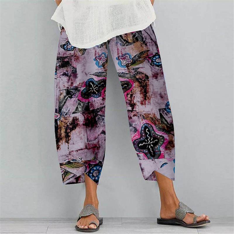 Jogginghose für Damen, Boho-Print, Baumwoll-Leinen-Hose, Tasche, Freizeithose L violett von Joom DACH