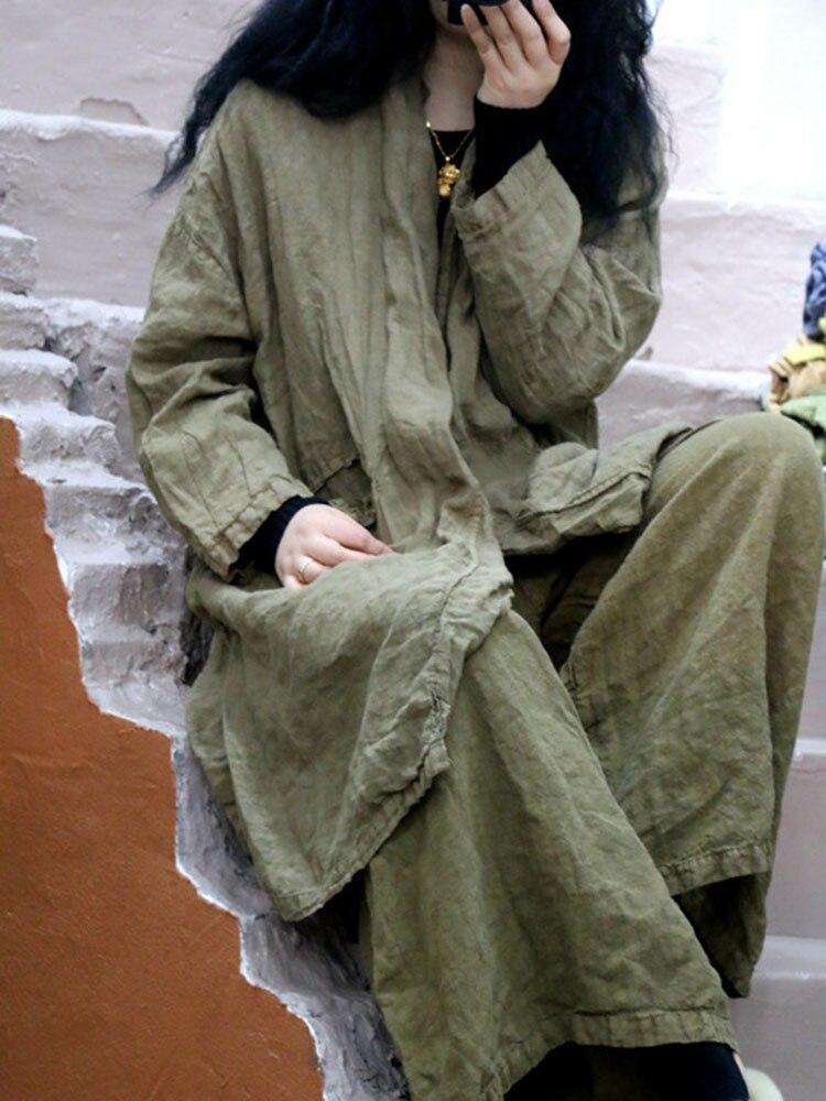 Johnature Damen Leinen Casual Loose Coats Solid Color Simple Korean Style Langarm Kleidung Frühling Button Coat One Size grün von Joom DACH