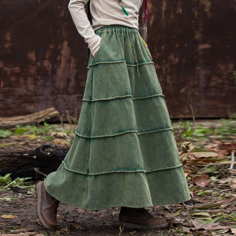 Johnature Damen Plüsch A-Linien Röcke Vintage Elastischer Bund Ramie Baumwolle Weiche Warme Stoffe Winter Patchwork Damen Röcke One Size grün von Joom DACH