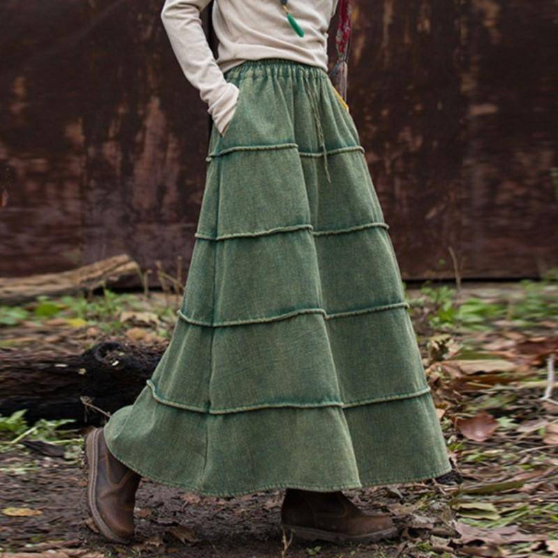 Johnature Damen Plüsch A-Linien Röcke Vintage Elastischer Bund Ramie Baumwolle Weiche Warme Stoffe Winter Patchwork Damen Röcke One Size grün von Joom DACH