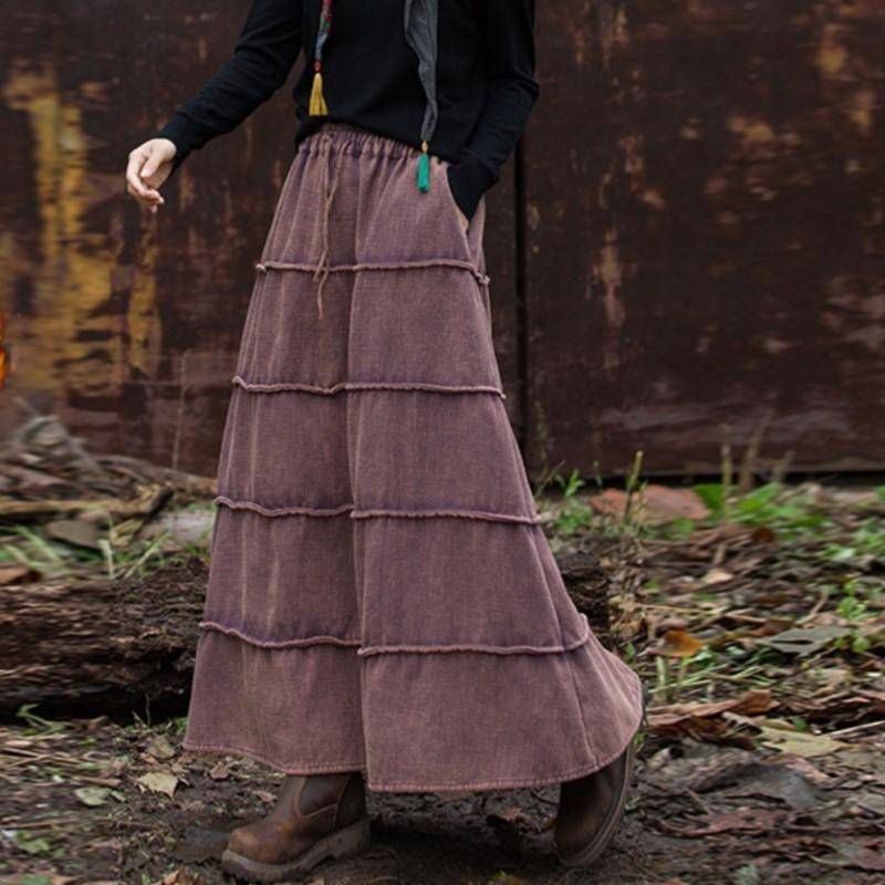 Johnature Damen Plüsch A-Linien Röcke Vintage Elastischer Bund Ramie Baumwolle Weiche Warme Stoffe Winter Patchwork Damen Röcke One Size violett von Joom DACH