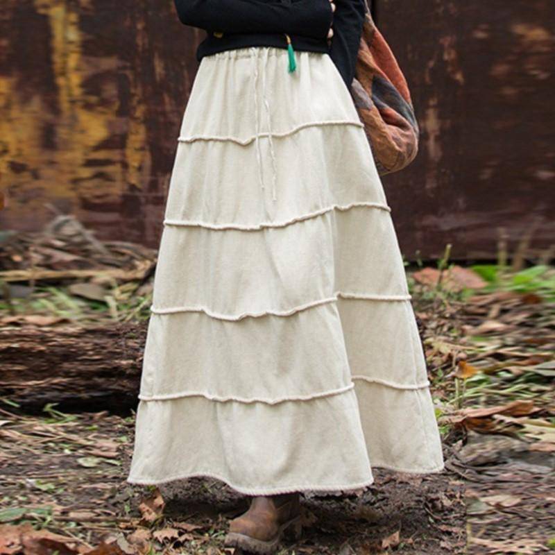 Johnature Damen Plüsch A-Linien Röcke Vintage Elastischer Bund Ramie Baumwolle Weiche Warme Stoffe Winter Patchwork Damen Röcke One Size beige von Joom DACH