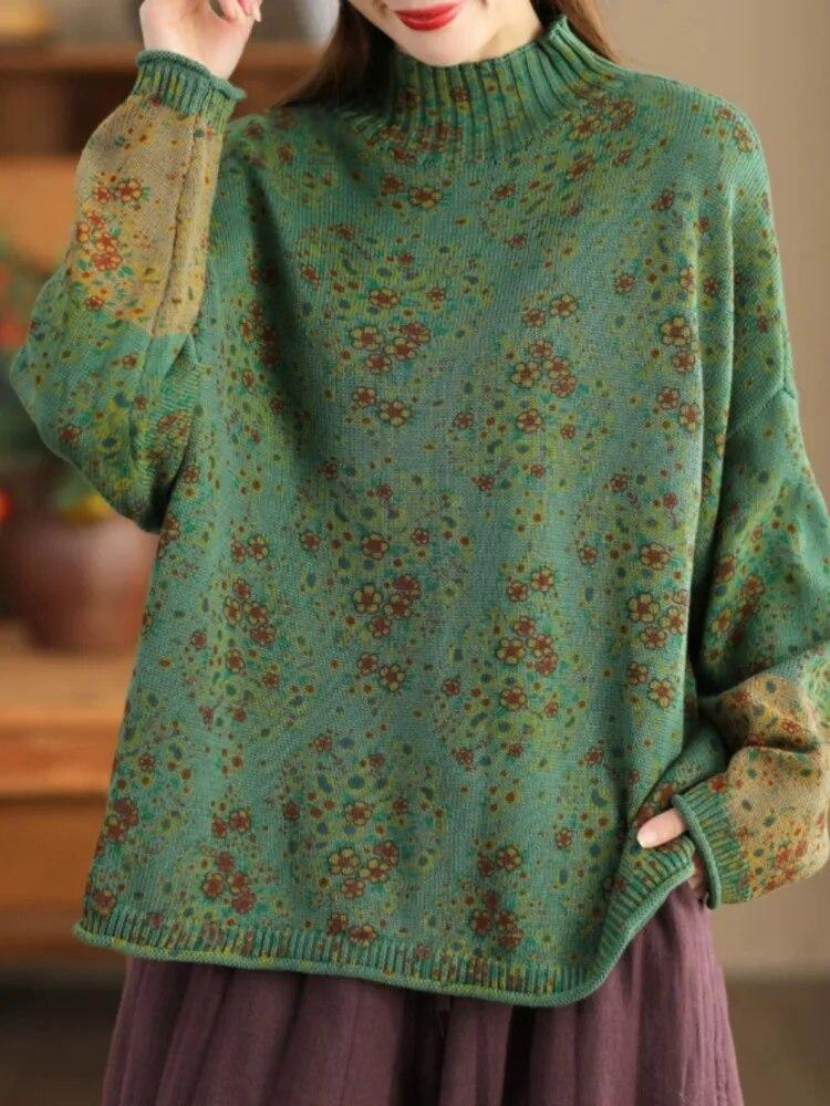 Johnature Damen Pullover Rollkragen Langarm Patchwork Print Blumenmuster Frühlingsstrick Baumwolle Damen Pullover One Size grün von Joom DACH