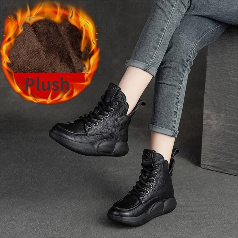 Johnature Damen-Stiefel aus echtem Leder, Winter-Schnürung, runde Zehenpartie, Damenschuhe, Nähen, handgefertigt, Retro-Stiefeletten 36 schwarz von Joom DACH