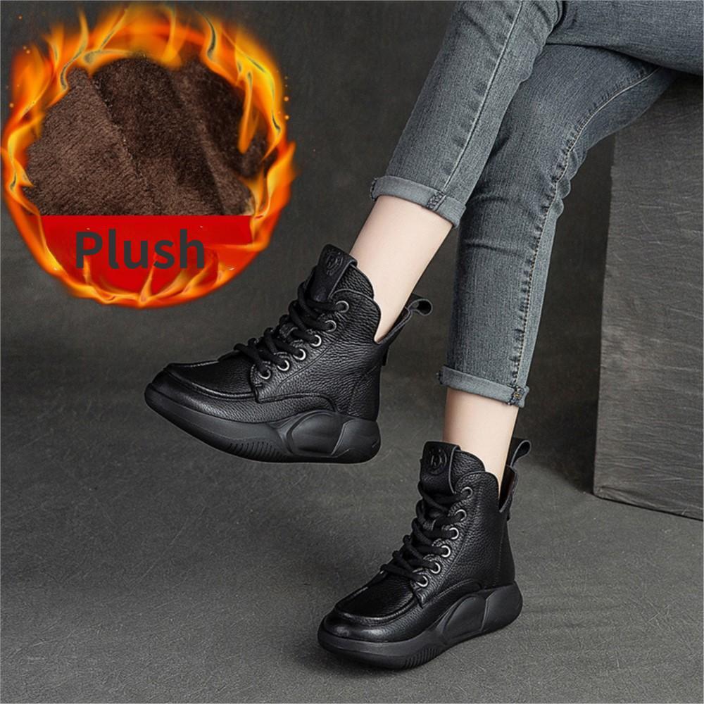 Johnature Damen-Stiefel aus echtem Leder, Winter-Schnürung, runde Zehenpartie, Damenschuhe, Nähen, handgefertigt, Retro-Stiefeletten 38 schwarz von Joom DACH