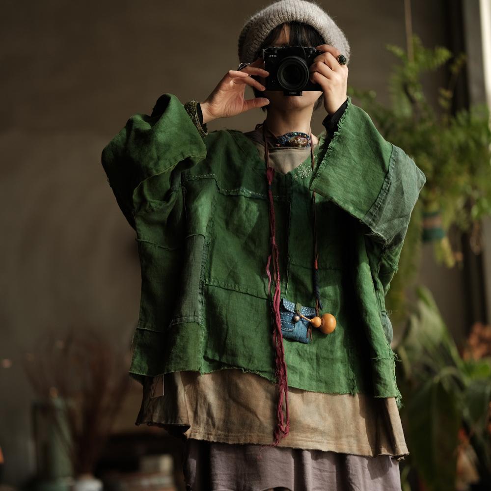 Johnature Damen Vintage Patchwork T-Shirts V-Ausschnitt Langarm Frühling Lockere Damen T-Shirts One Size grün von Joom DACH