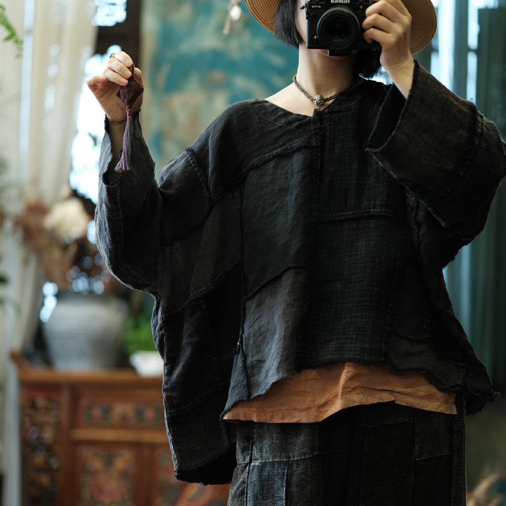 Johnature Damen Vintage Patchwork T-Shirts V-Ausschnitt Langarm Frühling Lockere Damen T-Shirts One Size schwarz von Joom DACH