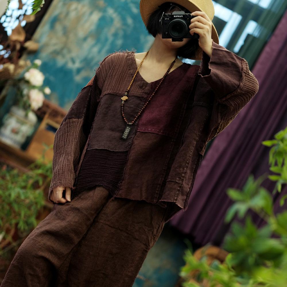 Johnature Damen Vintage Patchwork T-Shirts V-Ausschnitt Langarm Frühling Lockere Damen T-Shirts One Size kaffeebraun von Joom DACH