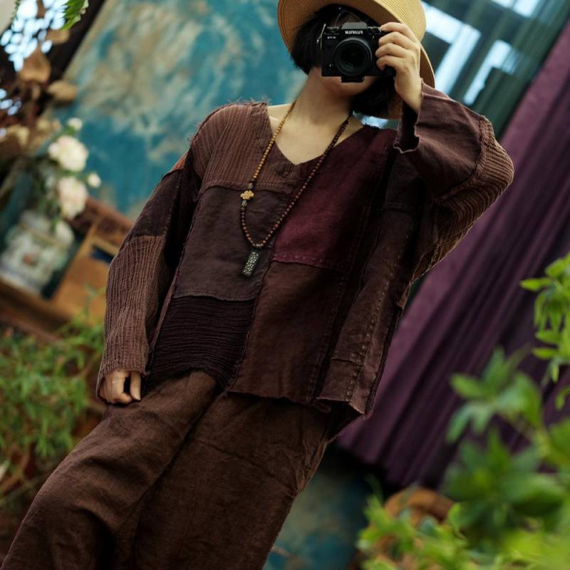 Johnature Damen Vintage Patchwork T-Shirts V-Ausschnitt Langarm Frühling Lockere Damen T-Shirts One Size kaffeebraun von Joom DACH