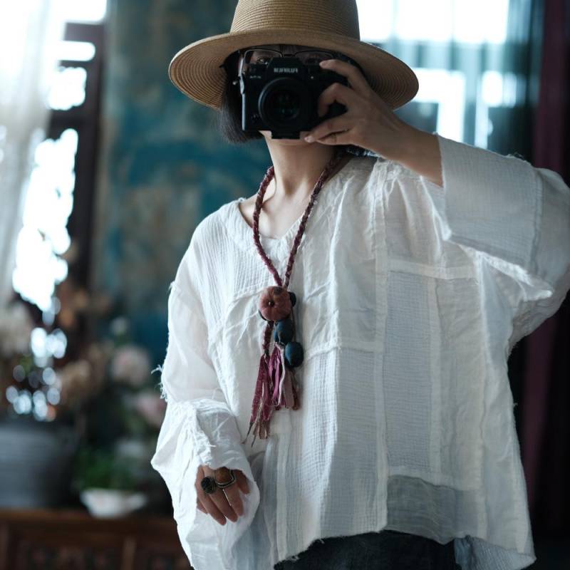 Johnature Damen Vintage Patchwork T-Shirts V-Ausschnitt Langarm Frühling Lockere Damen T-Shirts One Size weiß von Joom DACH