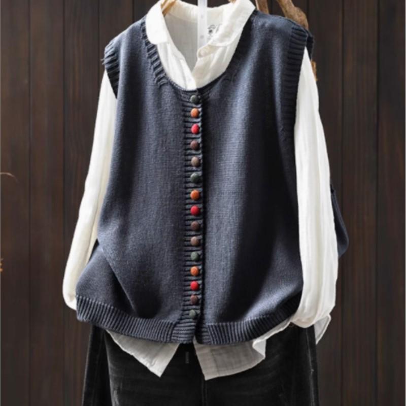 Johnature Damen Vintage Pullover Einfarbig O-Ausschnitt Ärmellos Gestrickt Herbst Locker Lässige Pullover One Size blau von Joom DACH