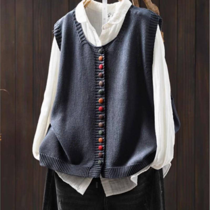 Johnature Damen Vintage Pullover Einfarbig O-Ausschnitt Ärmellos Gestrickt Herbst Locker Lässige Pullover One Size blau von Joom DACH