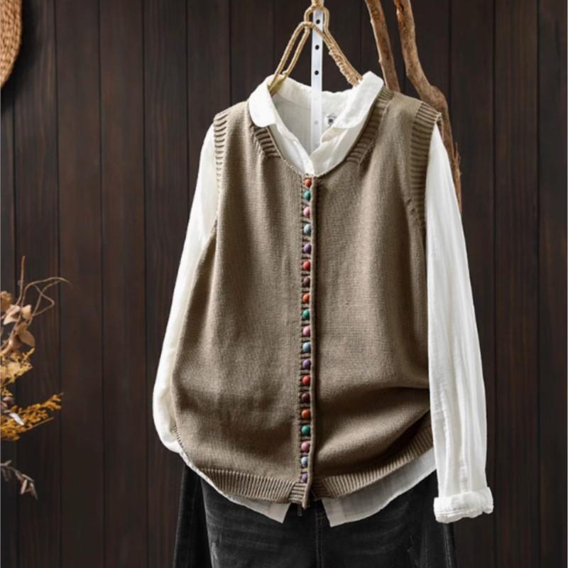 Johnature Damen Vintage Pullover Einfarbig O-Ausschnitt Ärmellos Gestrickt Herbst Locker Lässige Pullover One Size khaki von Joom DACH