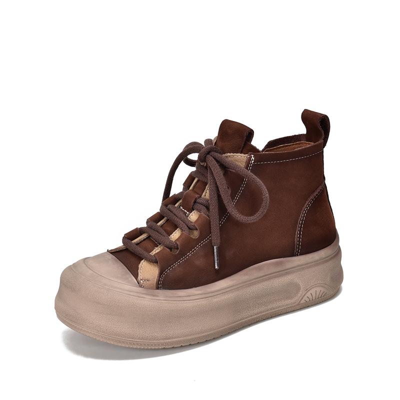 Johnature Damenschuhe aus echtem Leder mit Schnürung und dicker Sohle, flache kurze Stiefel mit seitlichem Reißverschluss aus Rindsleder 38 kaffeebraun von Joom DACH