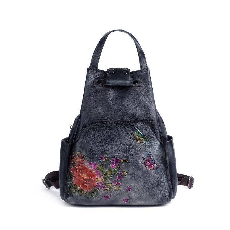 Johnature Echtes Leder Geprägte Umhängetasche Frauen Rucksack Retro Große Kapazität Natürliche Rindsleder Reise Rucksäcke grau von Joom DACH
