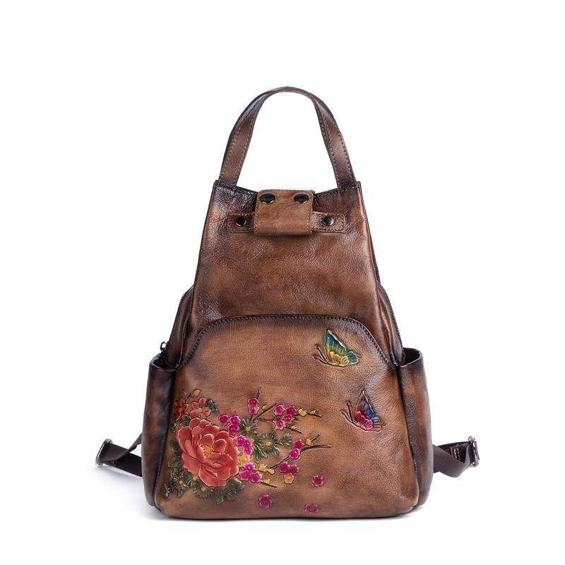 Johnature Echtes Leder Geprägte Umhängetasche Frauen Rucksack Retro Große Kapazität Natürliche Rindsleder Reise Rucksäcke kaffeebraun von Joom DACH