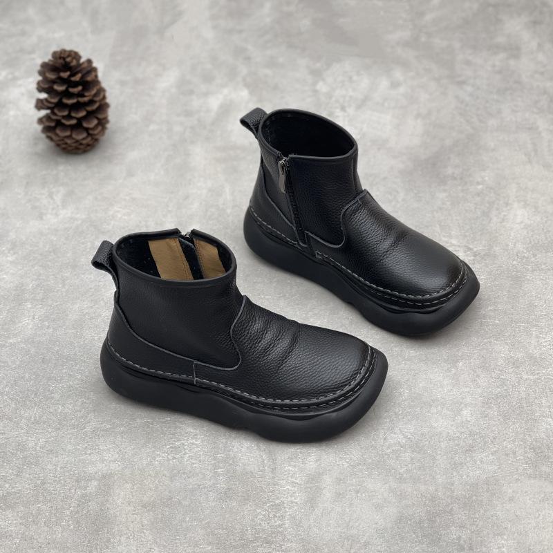 Johnature Echtes Leder Weichsohlige Stiefeletten Retro Runde Zehenpartie Seitlicher Reißverschluss Damen Flache Kurze Stiefel 38 schwarz von Joom DACH