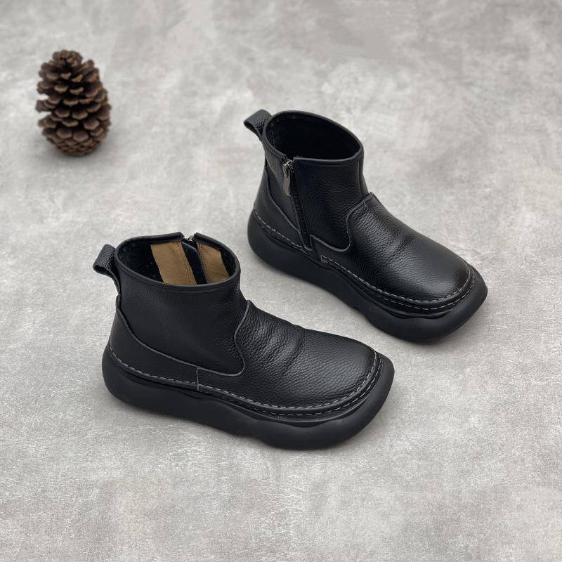 Johnature Echtes Leder Weichsohlige Stiefeletten Retro Runde Zehenpartie Seitlicher Reißverschluss Damen Flache Kurze Stiefel 38 schwarz von Joom DACH