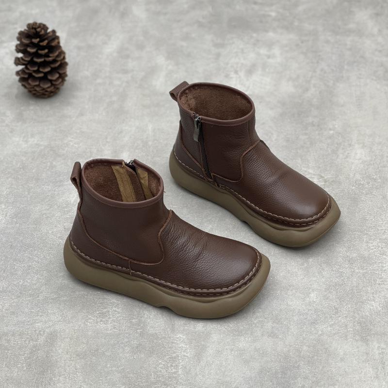 Johnature Echtes Leder Weichsohlige Stiefeletten Retro Runde Zehenpartie Seitlicher Reißverschluss Damen Flache Kurze Stiefel 40 von Joom DACH