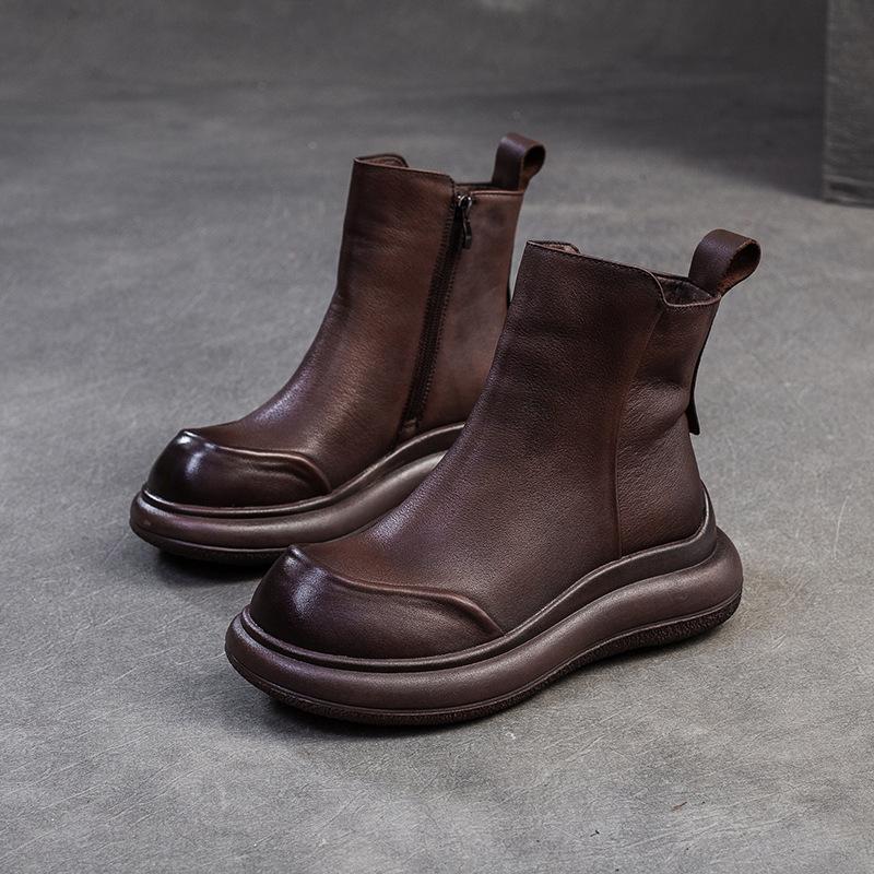 Johnature Einfache Kurze Stiefel mit dicker Sohle, Retro, echtes Leder, bequeme Pendlerschuhe für Damen 40 kaffeebraun von Joom DACH