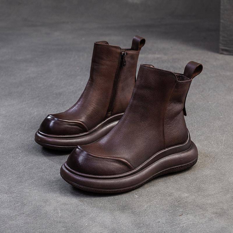 Johnature Einfache Kurze Stiefel mit dicker Sohle, Retro, echtes Leder, bequeme Pendlerschuhe für Damen 40 kaffeebraun von Joom DACH