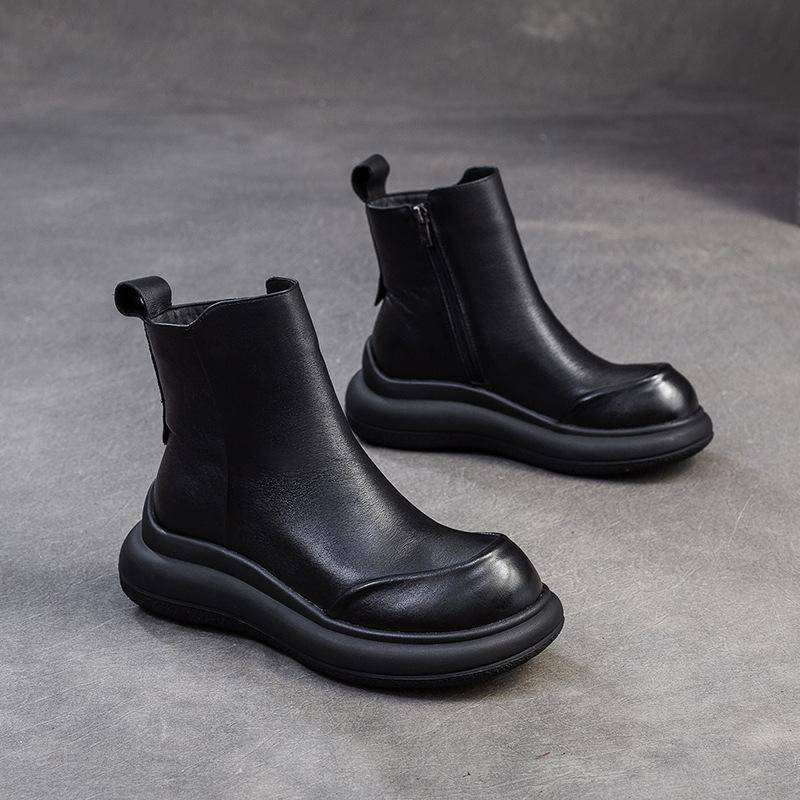 Johnature Einfache Kurze Stiefel mit dicker Sohle, Retro, echtes Leder, bequeme Pendlerschuhe für Damen 40 schwarz von Joom DACH