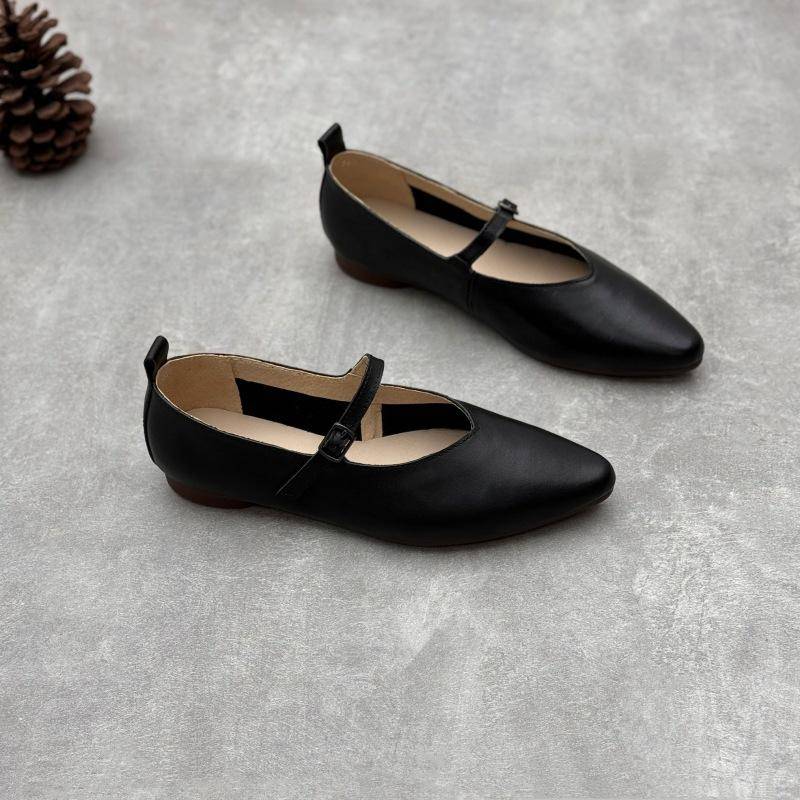 Johnature Handgefertigte flache Damenschuhe aus echtem Leder mit spitzer Spitze, einfache, vielseitige Schuhe mit Schnallenriemen und weicher Sohle 40 schwarz von Joom DACH