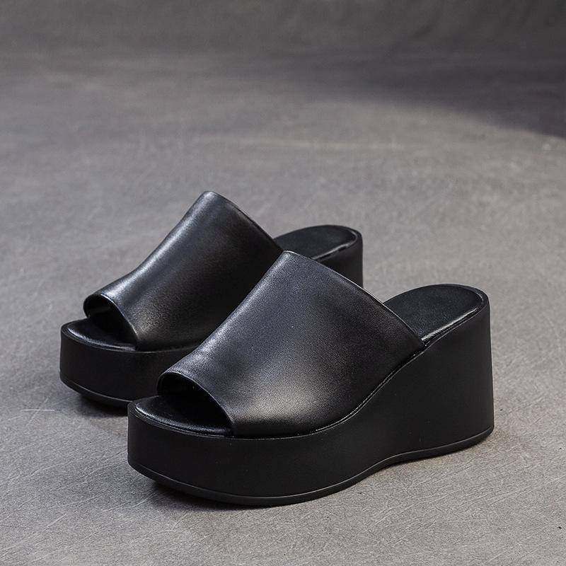 Johnature Höhenerhöhende Leichte Outdoor Keilabsatz Hausschuhe Echtes Leder Peep Toe Lässige Damen Schuhe 38 schwarz von Joom DACH