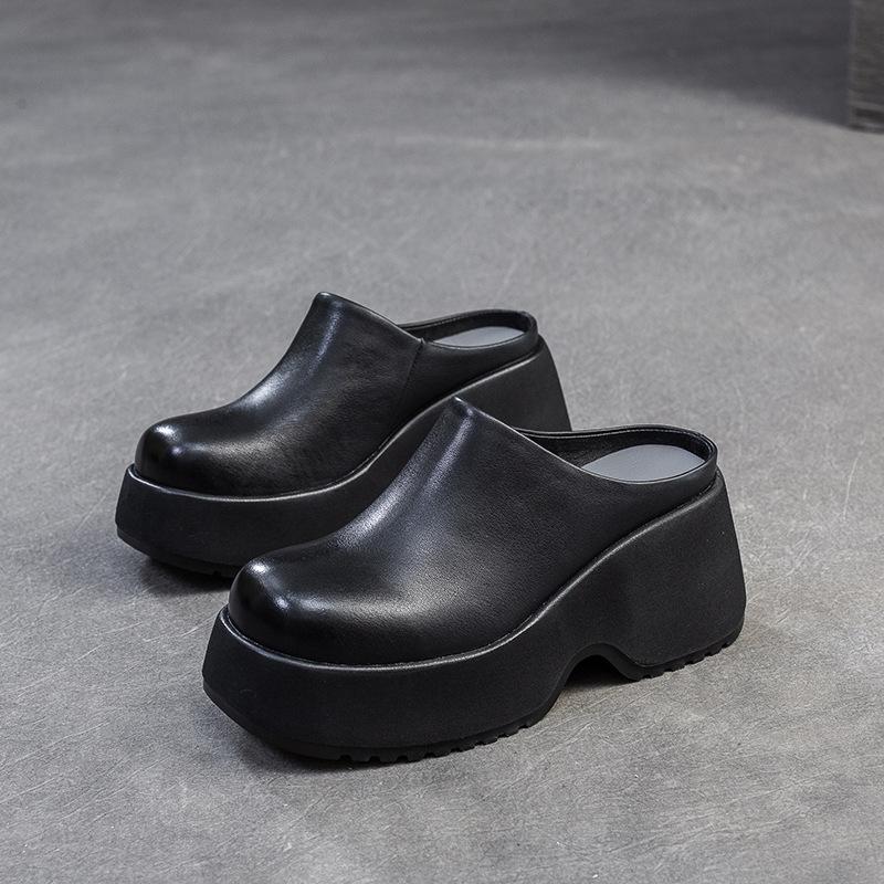 Johnature Keilabsatz-Slipper mit dicker Sohle Retro Echtes Leder Einfarbig Damen Plateau-Schuhe 34 schwarz Johnature Keilabsatz-Slipper mit dicker Sohle Retro Echtes Leder Einfarbig Damen Plateau-Schuhe 34 schwarz von Joom DACH