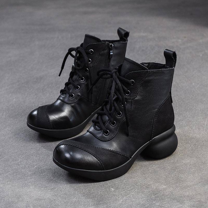Johnature Britischer Stil Echtes Leder Kurze Stiefel Lässig Vielseitig Mittelhoch Absatz Damen Schuhe 40 schwarz von Joom DACH