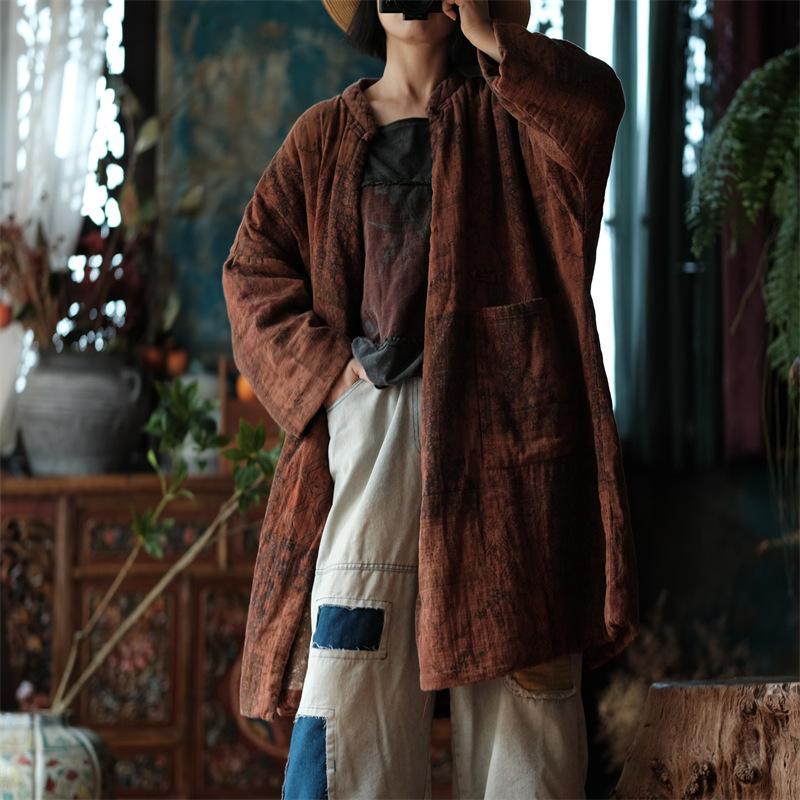 Johnature Leinen Druck Vintage Frauen Mäntel Chinesischen Stil Frühling Volle Hülse Lose Retro Oansatz Baumwolle Warme Parkas Mäntel One Size kaffeebraun von Joom DACH