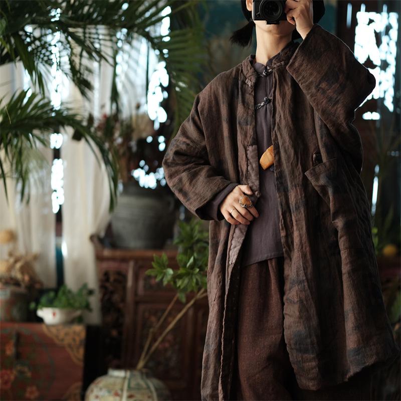 Johnature Leinen Druck Vintage Frauen Mäntel Chinesischen Stil Frühling Volle Hülse Lose Retro Oansatz Baumwolle Warme Parkas Mäntel One Size dunkelbraune von Joom DACH