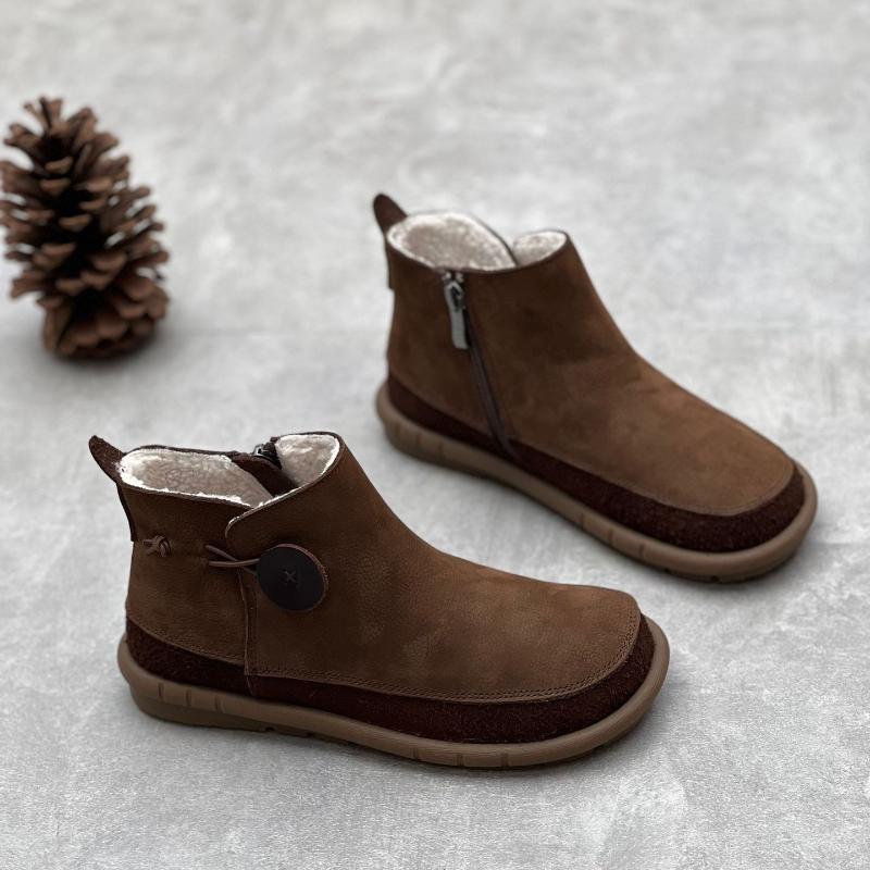 Johnature Retro-Damen-Flach-Kurzstiefel, Schuhe aus echtem Leder, handgefertigt, runde Zehen, einfarbige Stiefeletten 39-Plush kaffeebraun von Joom DACH