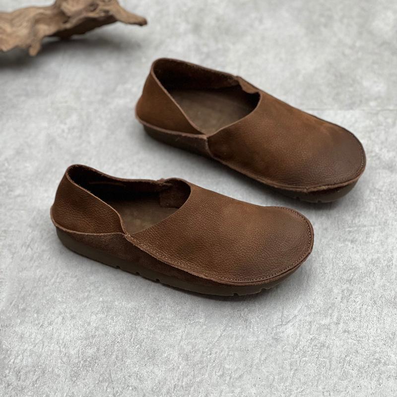 Johnature Retro-Damen-Schuhe aus echtem Leder, flach, handgefertigt, weiche Sohle, lässig, runde Zehen, einfarbig, Slipper 39 kaffeebraun von Joom DACH
