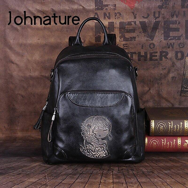 Johnature Retro Echtes Leder Frauen Rucksack Große Kapazität Freizeit Erste Schicht Rindsleder Handgemachte Weibliche Reisetaschen grau von Joom DACH