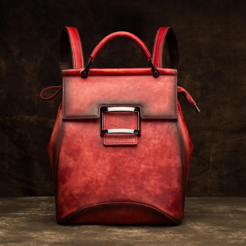Johnature Retro Echtes Leder Tasche Einfarbig Rucksack Handgemachte Rindsleder Große Kapazität Frauen Rucksäcke Reisetaschen rot von Joom DACH