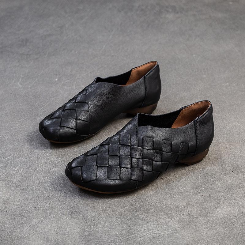 Johnature Retro Handgefertigte Gewebte Slipper Echtes Leder Weiche Sohle Niedrig Absatz Damen Slipper 37 schwarz von Joom DACH