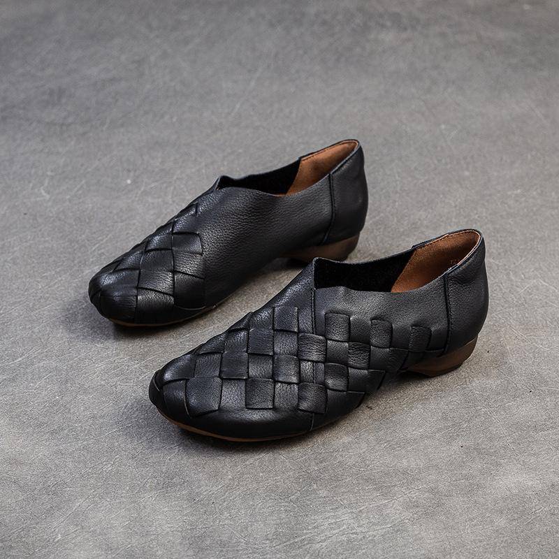 Johnature Retro Handgefertigte Gewebte Slipper Echtes Leder Weiche Sohle Niedrig Absatz Damen Slipper 38 schwarz von Joom DACH