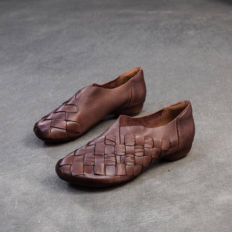 Johnature Retro Handgefertigte Gewebte Slipper Echtes Leder Weiche Sohle Niedrig Absatz Damen Slipper 39 kaffeebraun von Joom DACH