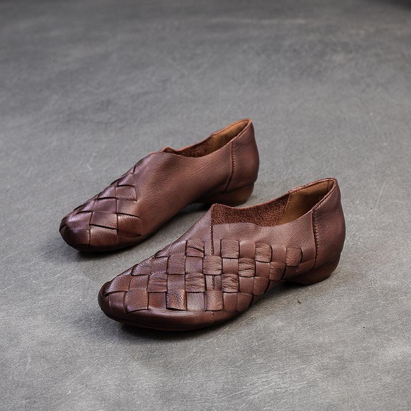 Johnature Retro Handgefertigte Gewebte Slipper Echtes Leder Weiche Sohle Niedrig Absatz Damen Slipper 40 kaffeebraun von Joom DACH