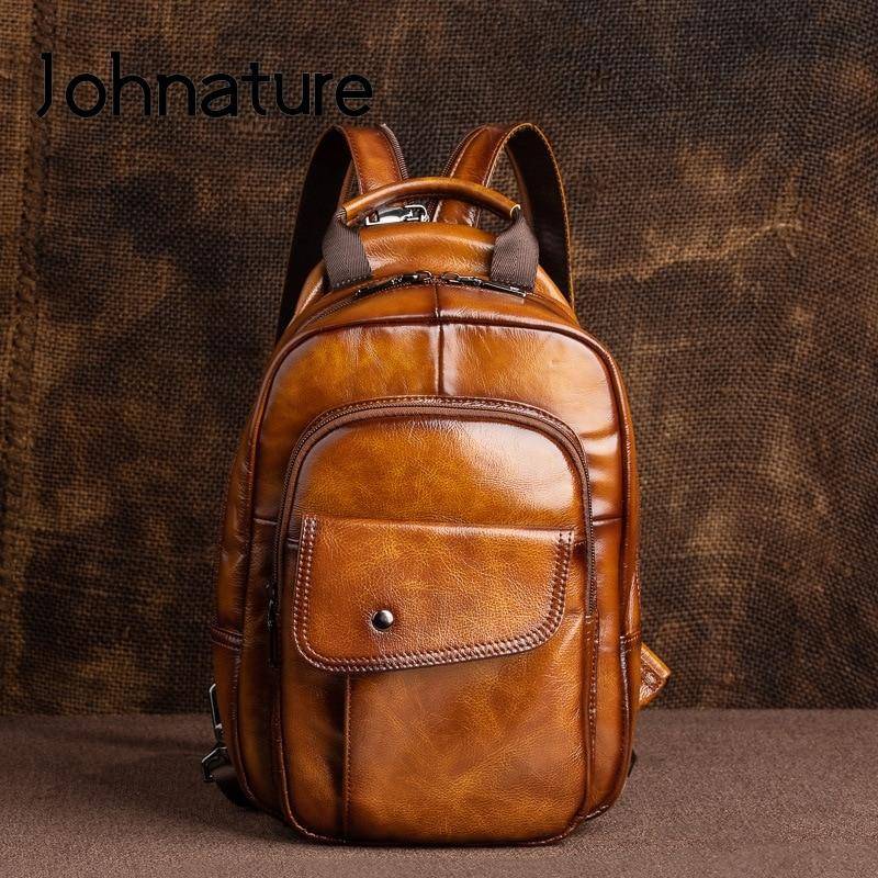 Johnature Retro Männer Mini Rucksack Aus Echtem Leder Multifunktionale Tasche Erste Schicht Rindsleder Handgemachte Männliche Brust Taschen schwarz von Joom DACH