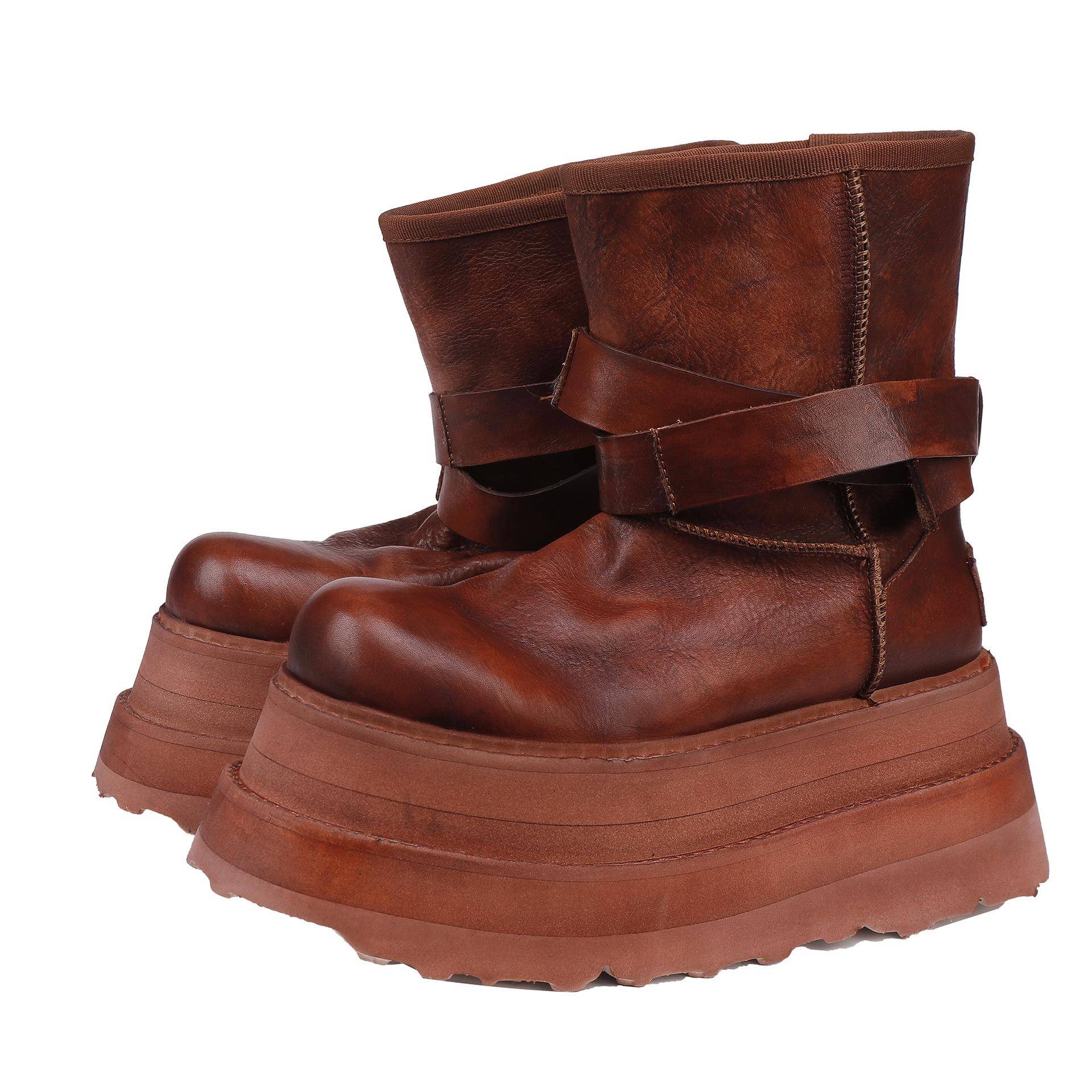 Johnature Retro Rindsleder Kurze Stiefel Echtes Leder Gürtelschnalle Dick besohlt Ritterstiefel Damen Plateau-Stiefel 39 braun von Joom DACH