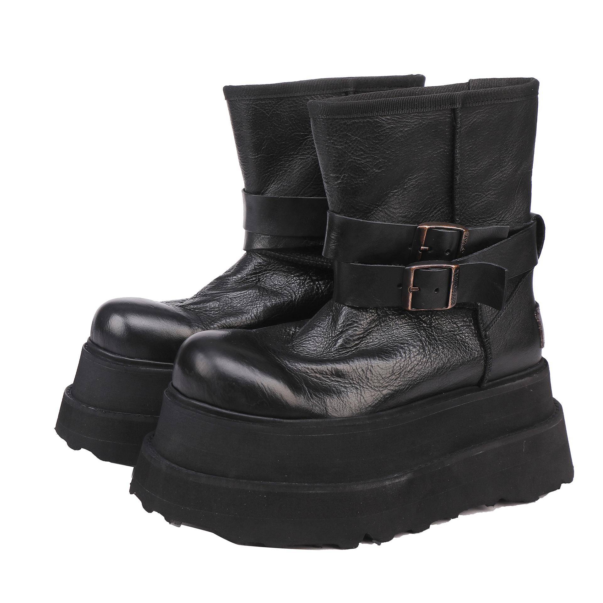 Johnature Retro Rindsleder Kurze Stiefel Echtes Leder Gürtelschnalle Dick besohlt Ritterstiefel Damen Plateau-Stiefel 40 schwarz von Joom DACH