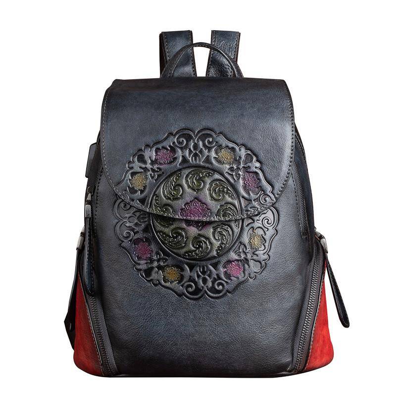 Johnature Retro-Rucksack aus echtem Leder für Damen, handgefertigt, geprägtes natürliches Rindsleder, große Kapazität, Reisetaschen graue von Joom DACH
